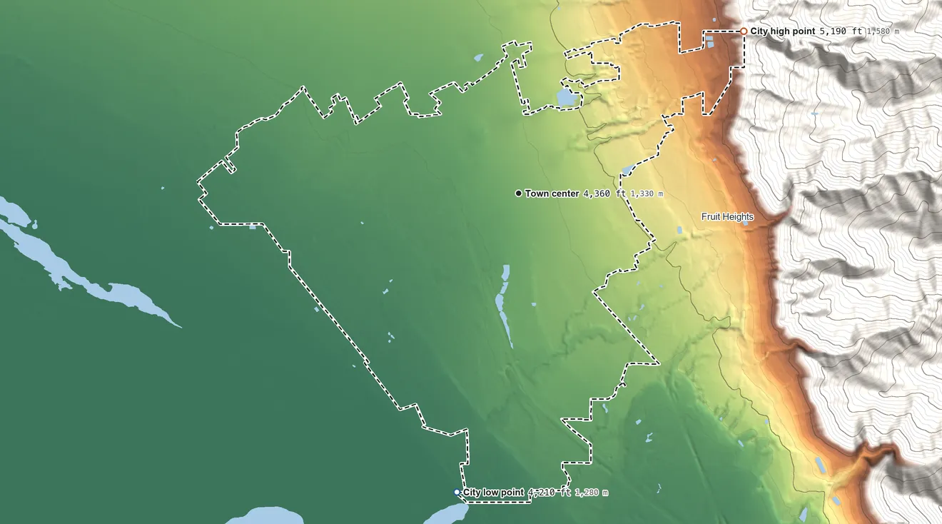 Topographic elevation map of Kaysville, Utah, shaded from 4,210 ft on the south side to 5,190 ft at the foot of the Sessions Mountains