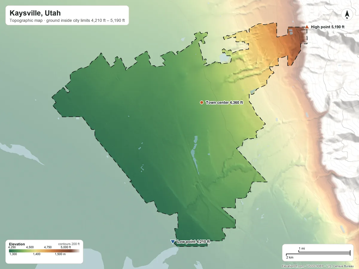 Topographic elevation map of Kaysville, Utah, shaded from 4,210 ft on the south side to 5,190 ft at the foot of the Sessions Mountains