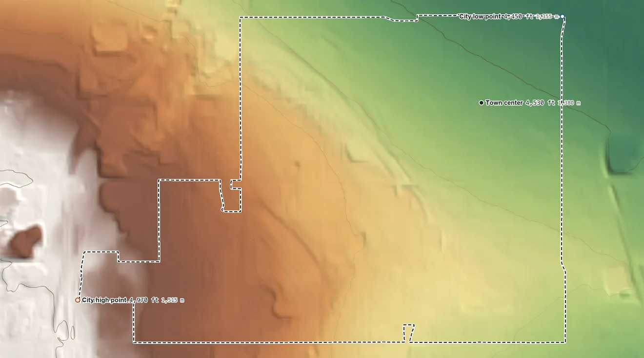 Topographic elevation map of Kearns, Utah, shaded from 4,450 ft on the northeast side to 4,970 ft at the foot of the Traverse Mountains