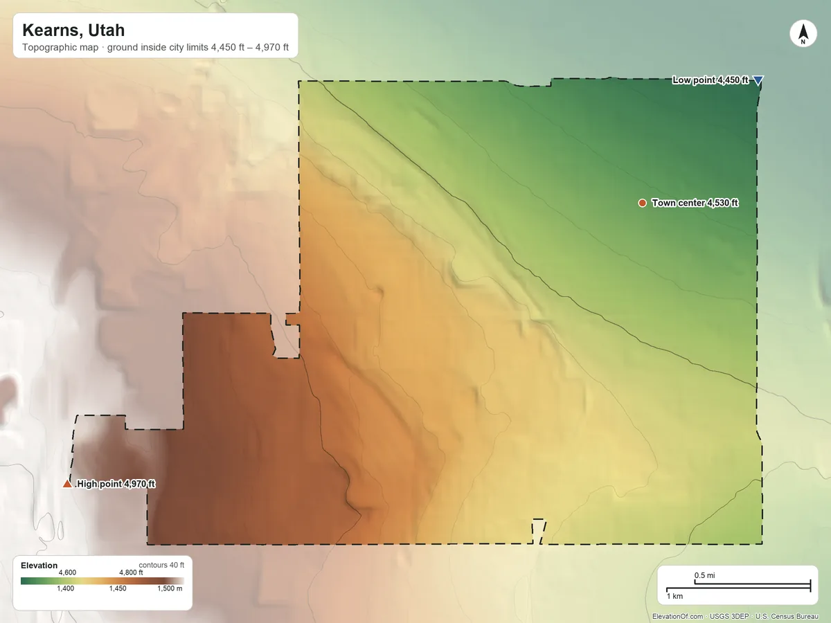 Topographic elevation map of Kearns, Utah, shaded from 4,450 ft on the northeast side to 4,970 ft at the foot of the Traverse Mountains