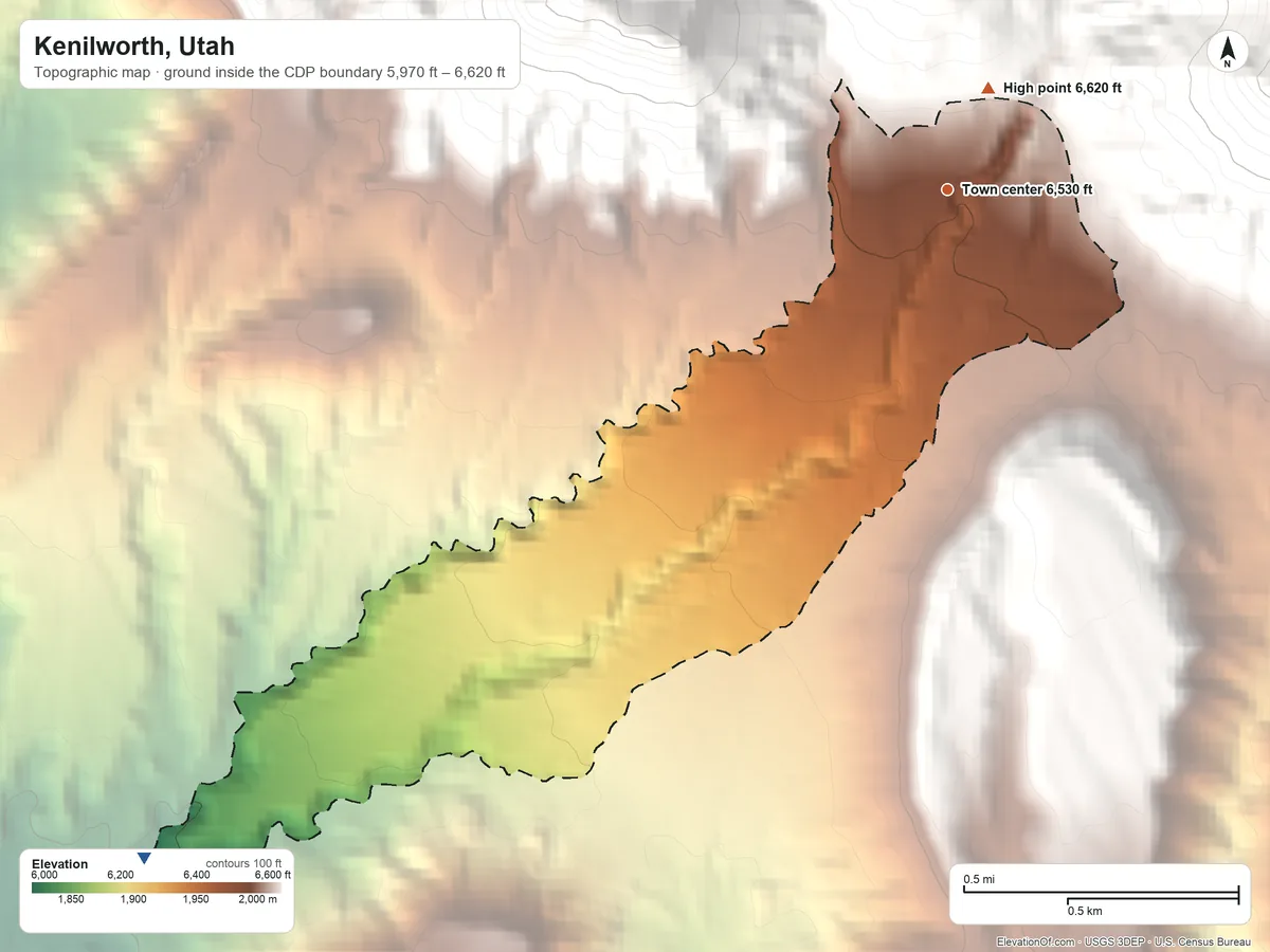 Topographic elevation map of Kenilworth, Utah, shaded from 5,970 ft on the southwest side to 6,620 ft on the north edge, below higher ground just outside