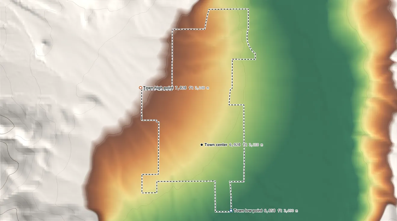 Topographic elevation map of Koosharem, Utah, shaded from 6,850 ft on the southeast side to 7,020 ft on the northwest edge, below higher ground just outside