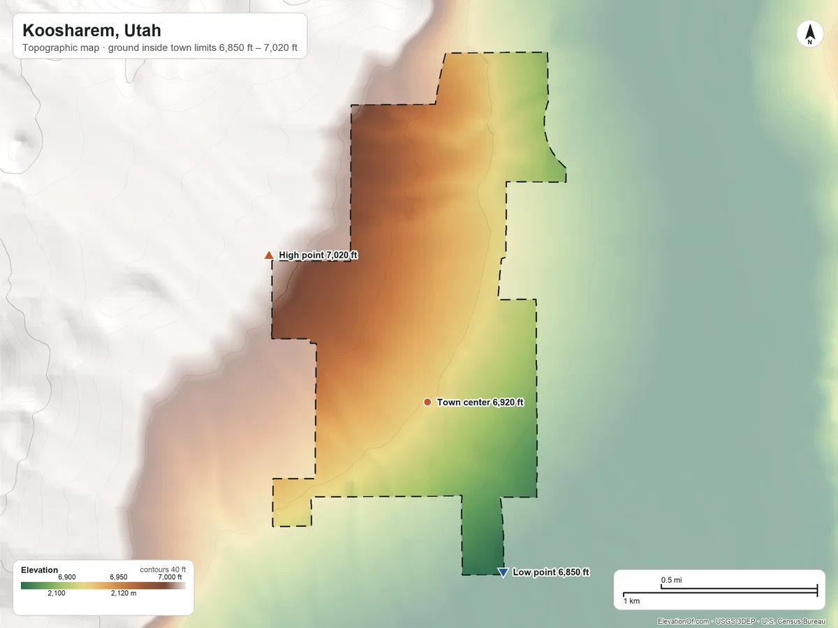 Topographic elevation map of Koosharem, Utah, shaded from 6,850 ft on the southeast side to 7,020 ft on the northwest edge, below higher ground just outside
