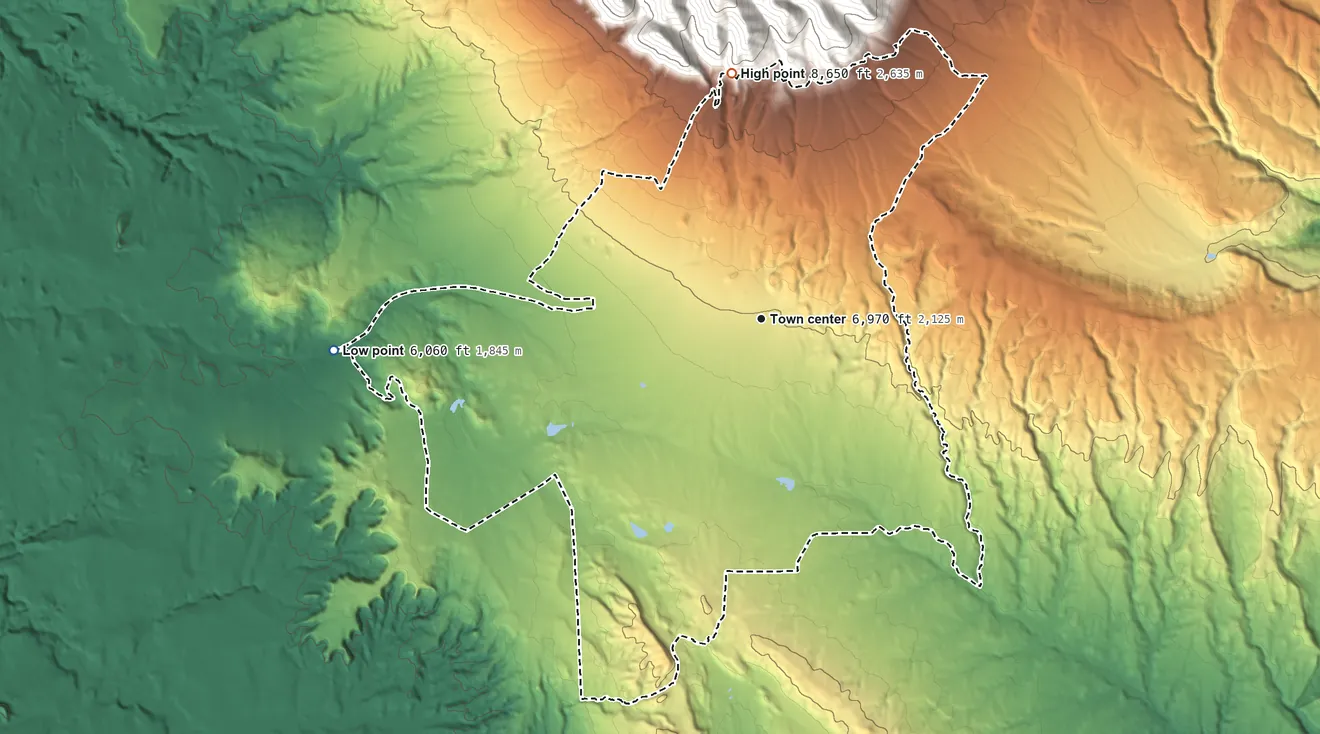 Topographic elevation map of La Sal, Utah, shaded from 6,060 ft on the west side to 8,650 ft at the foot of the La Sal Mountains