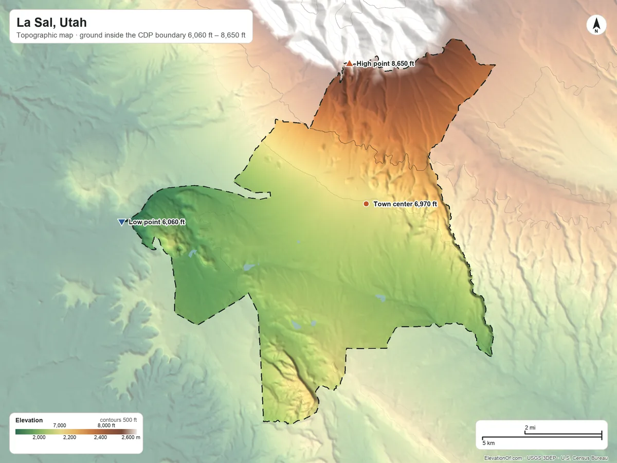 Topographic elevation map of La Sal, Utah, shaded from 6,060 ft on the west side to 8,650 ft at the foot of the La Sal Mountains