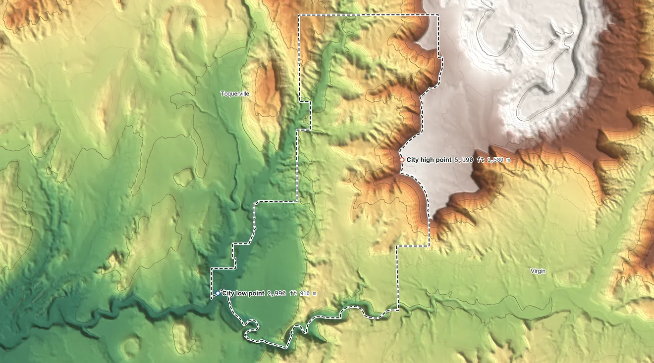 Topographic elevation map of La Verkin, Utah, shaded from 2,990 ft on the west side to 5,190 ft on the northeast side