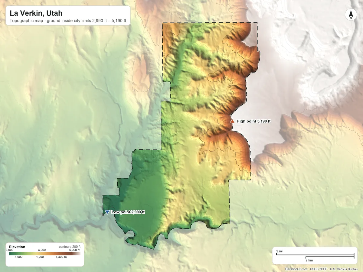 Topographic elevation map of La Verkin, Utah, shaded from 2,990 ft on the west side to 5,190 ft on the northeast side