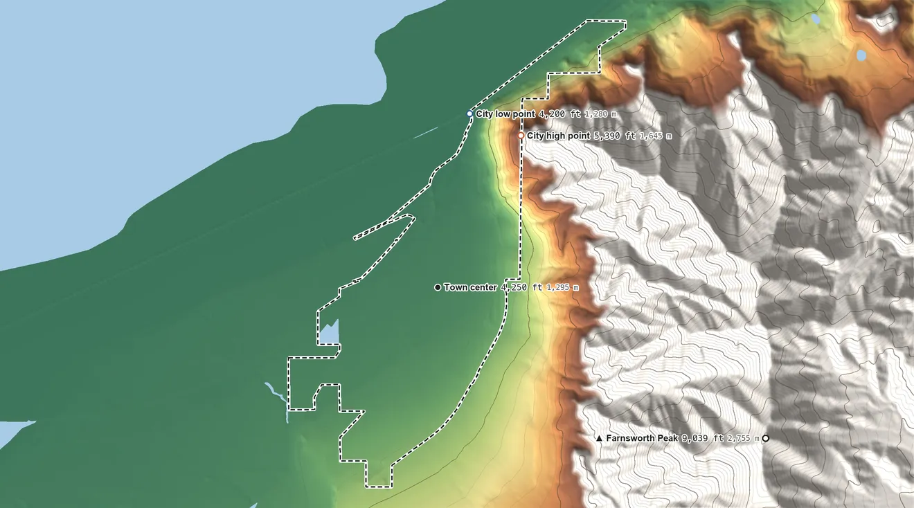 Topographic elevation map of Lake Point, Utah, shaded from 4,200 ft on the north side to 5,390 ft on the northeast edge, below higher ground just outside