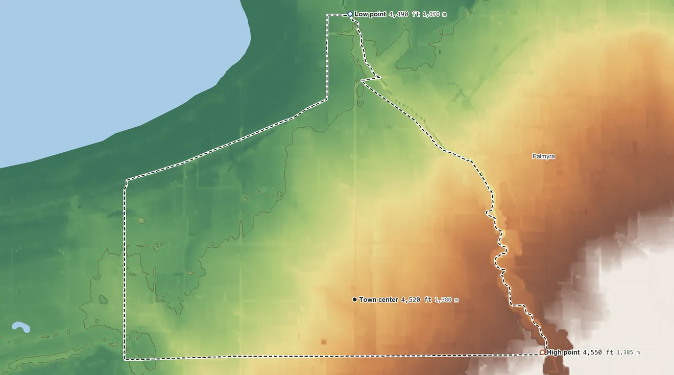 Topographic elevation map of Lake Shore, Utah, shaded from 4,490 ft on the north side to 4,550 ft on the east side