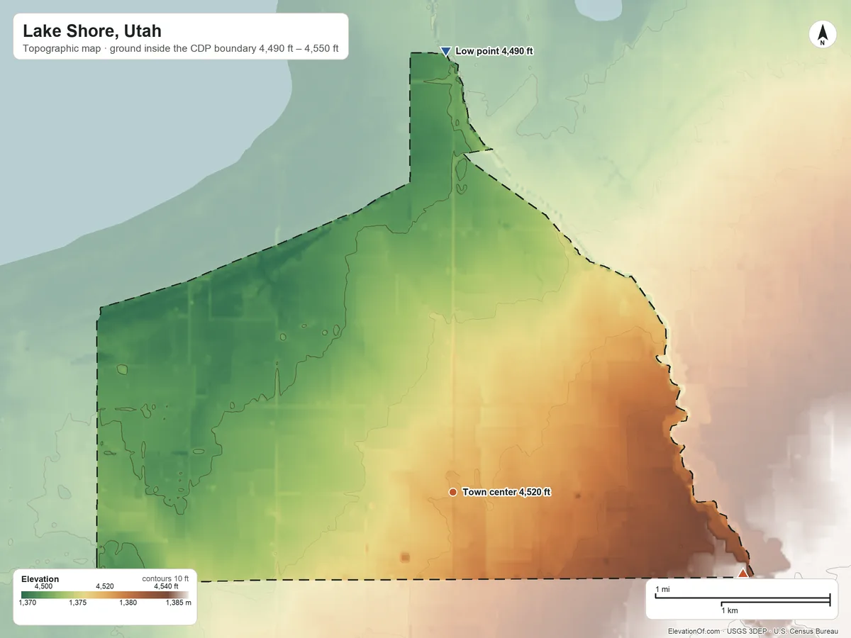 Topographic elevation map of Lake Shore, Utah, shaded from 4,490 ft on the north side to 4,550 ft on the east side