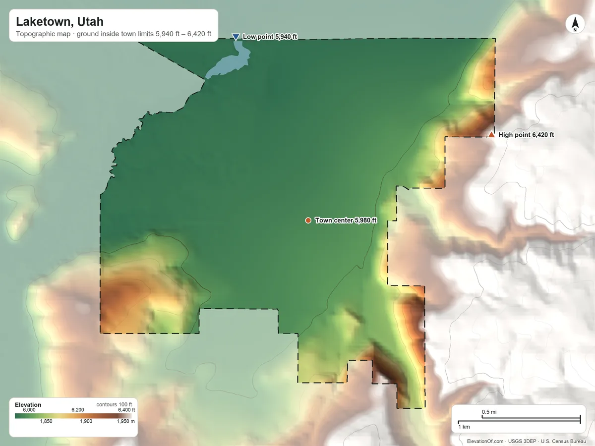 Topographic elevation map of Laketown, Utah, shaded from 5,940 ft on the north side to 6,420 ft on the northeast edge, below higher ground just outside