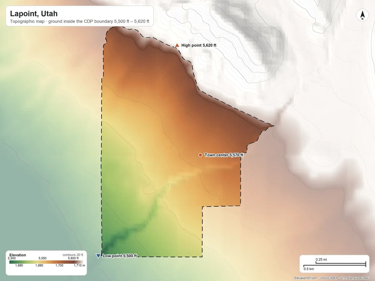 Topographic elevation map of Lapoint, Utah, shaded from 5,500 ft on the southwest side to 5,620 ft on the north edge, below higher ground just outside