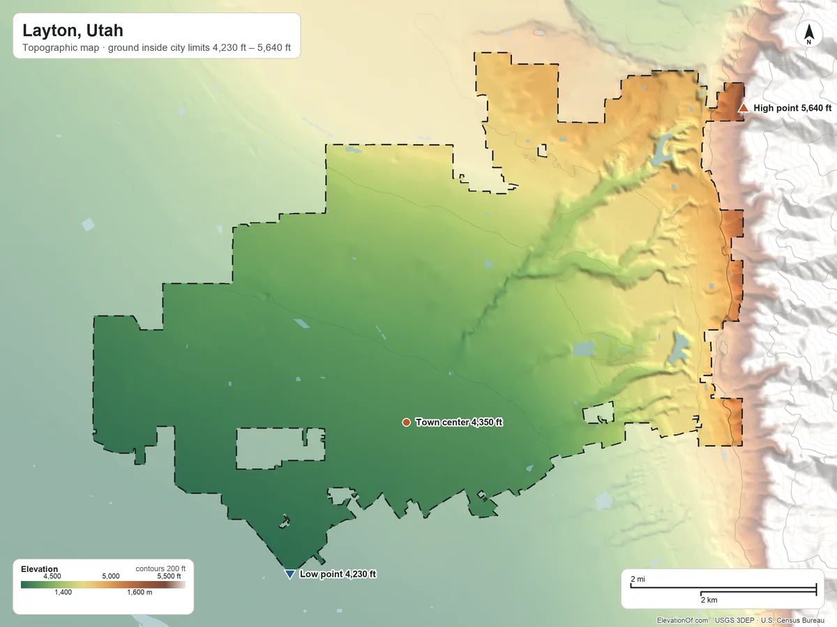 Topographic elevation map of Layton, Utah, shaded from 4,230 ft on the southwest side to 5,640 ft on the northeast edge, below higher ground just outside