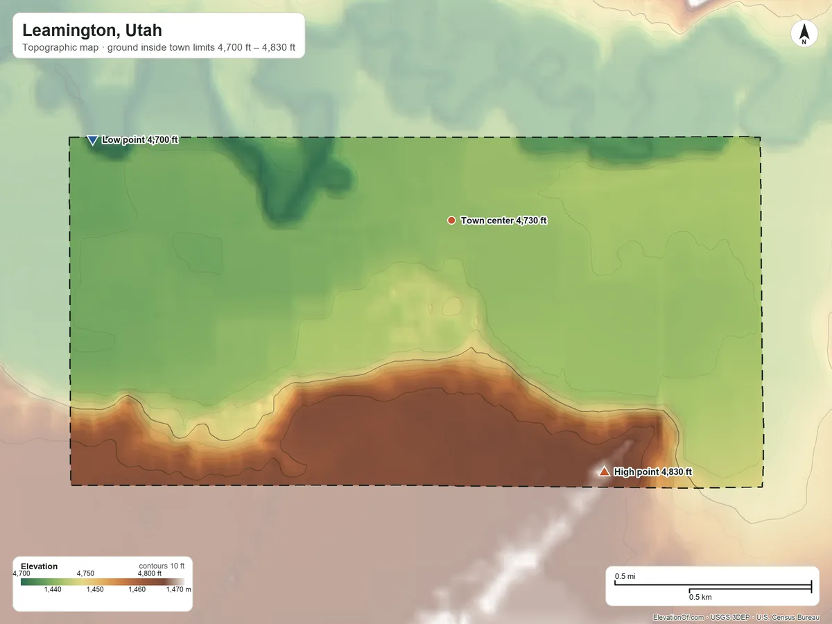 Topographic elevation map of Leamington, Utah, shaded from 4,700 ft on the west side to 4,830 ft at the foot of the Gilson Mountains