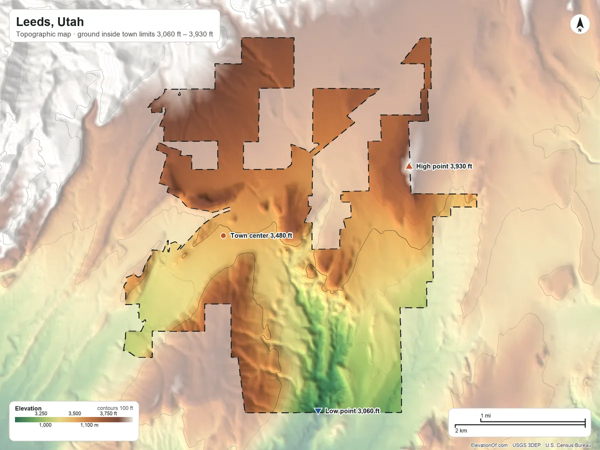 Topographic elevation map of Leeds, Utah, shaded from 3,060 ft on the southeast side to 3,930 ft on the east side