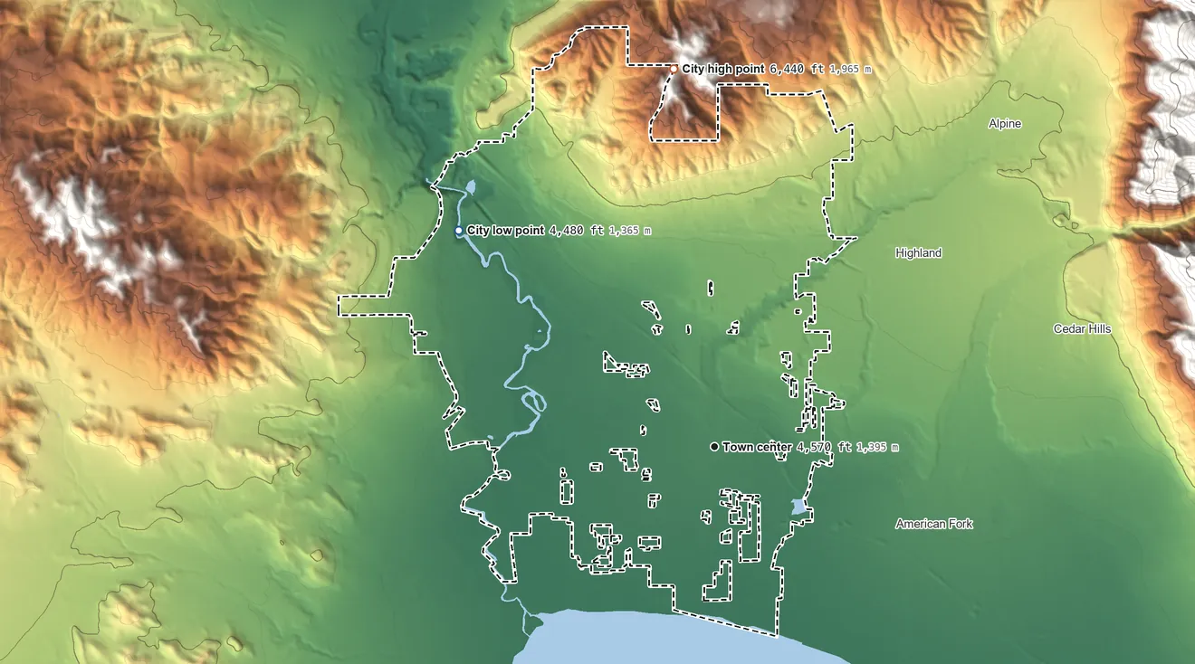 Topographic elevation map of Lehi, Utah, shaded from 4,480 ft on the northwest side to 6,440 ft on the north side