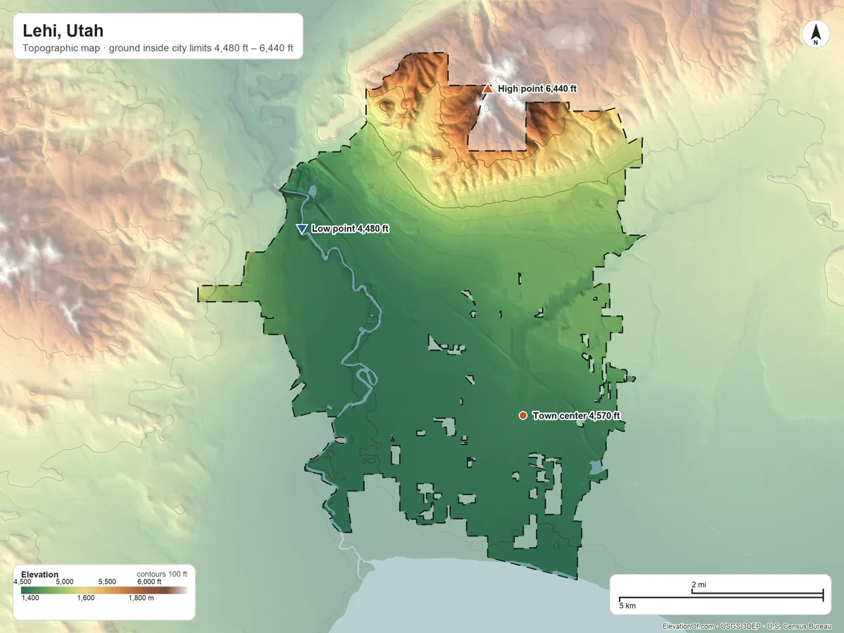 Topographic elevation map of Lehi, Utah, shaded from 4,480 ft on the northwest side to 6,440 ft on the north side