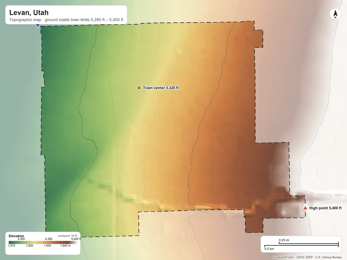 Topographic elevation map of Levan, Utah, shaded from 5,280 ft on the northwest side to 5,400 ft at the foot of the San Pitch Mountains