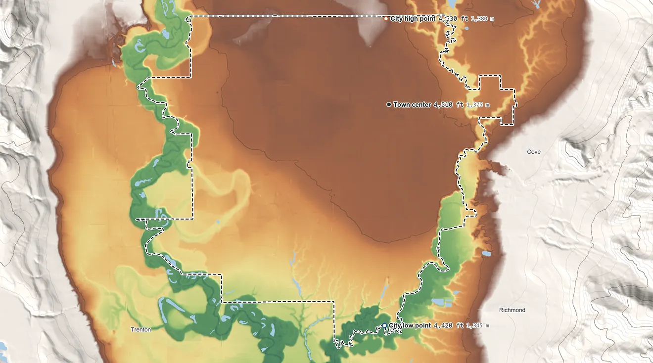 Topographic elevation map of Lewiston, Utah, shaded from 4,420 ft on the south side to 4,530 ft on the north side