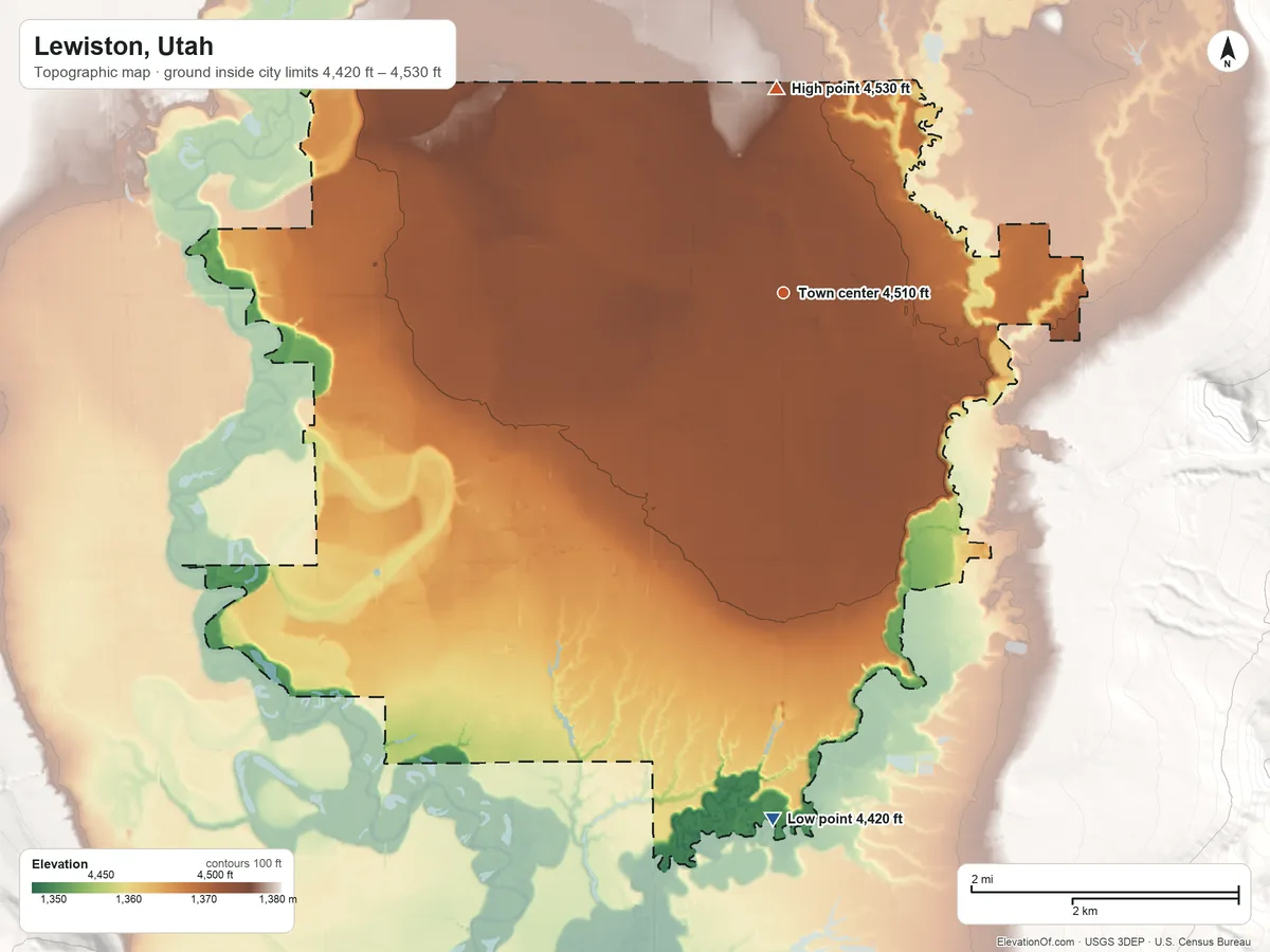 Topographic elevation map of Lewiston, Utah, shaded from 4,420 ft on the south side to 4,530 ft on the north side
