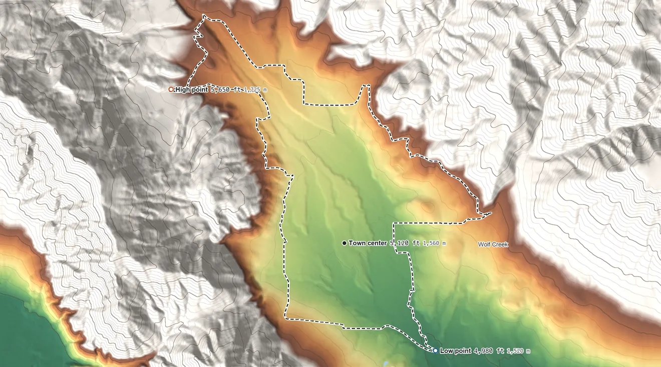 Topographic elevation map of Liberty, Utah, shaded from 4,980 ft on the southeast side to 5,650 ft on the northwest edge, below higher ground just outside