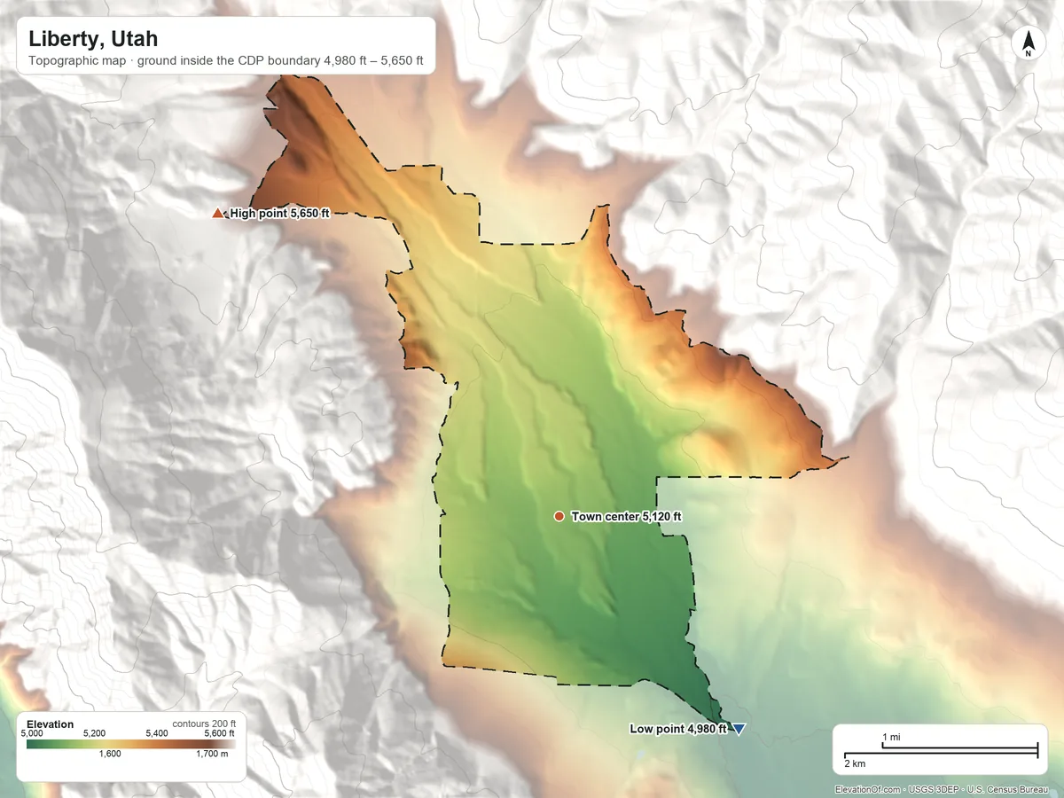 Topographic elevation map of Liberty, Utah, shaded from 4,980 ft on the southeast side to 5,650 ft on the northwest edge, below higher ground just outside