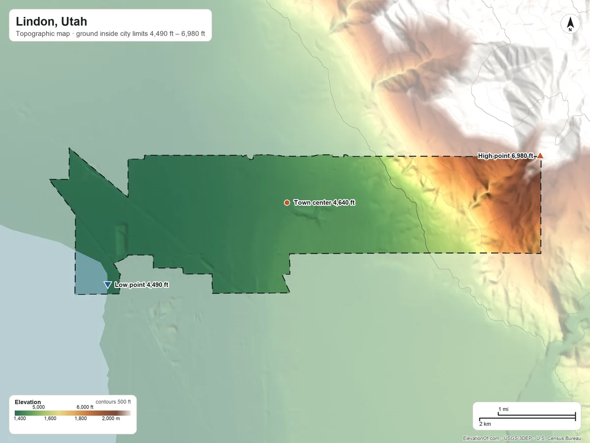 Topographic elevation map of Lindon, Utah, shaded from 4,490 ft on the southwest side to 6,980 ft on the east edge, below higher ground just outside