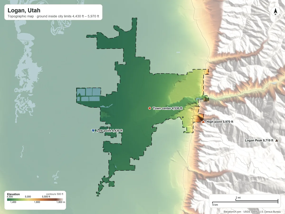 Topographic elevation map of Logan, Utah, shaded from 4,430 ft on the west side to 5,970 ft at the foot of the Mahogany Range
