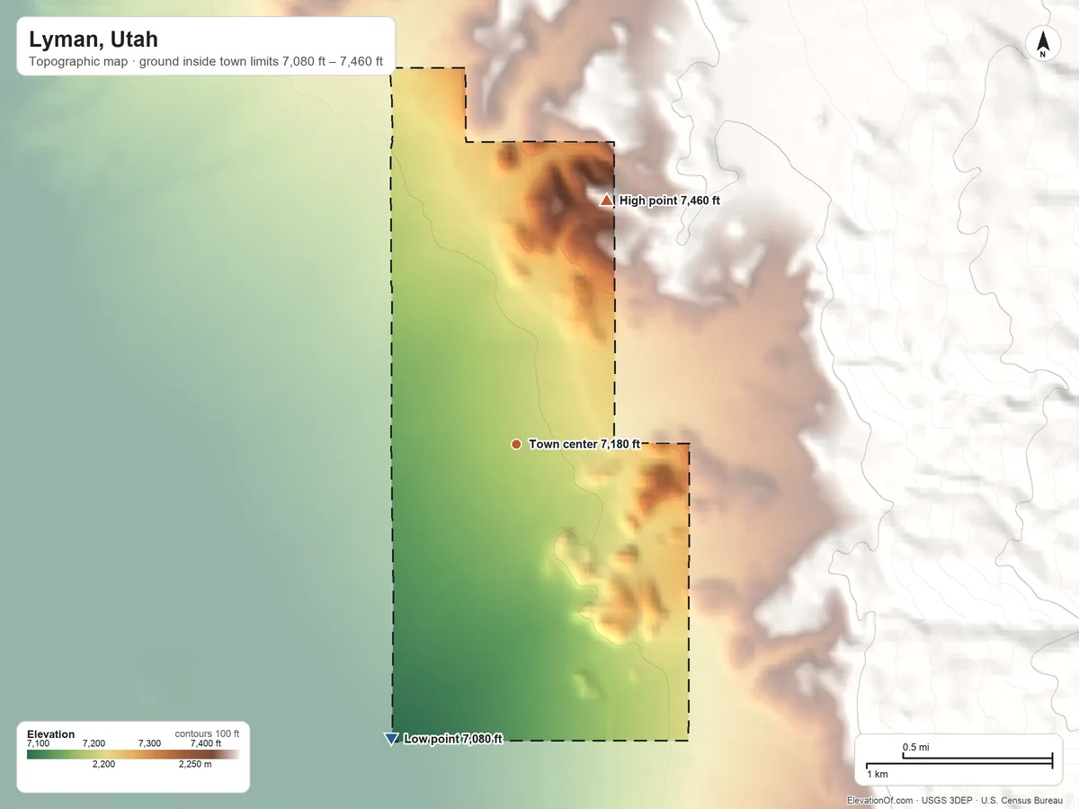 Topographic elevation map of Lyman, Utah, shaded from 7,080 ft on the southwest side to 7,460 ft on the north edge, below higher ground just outside