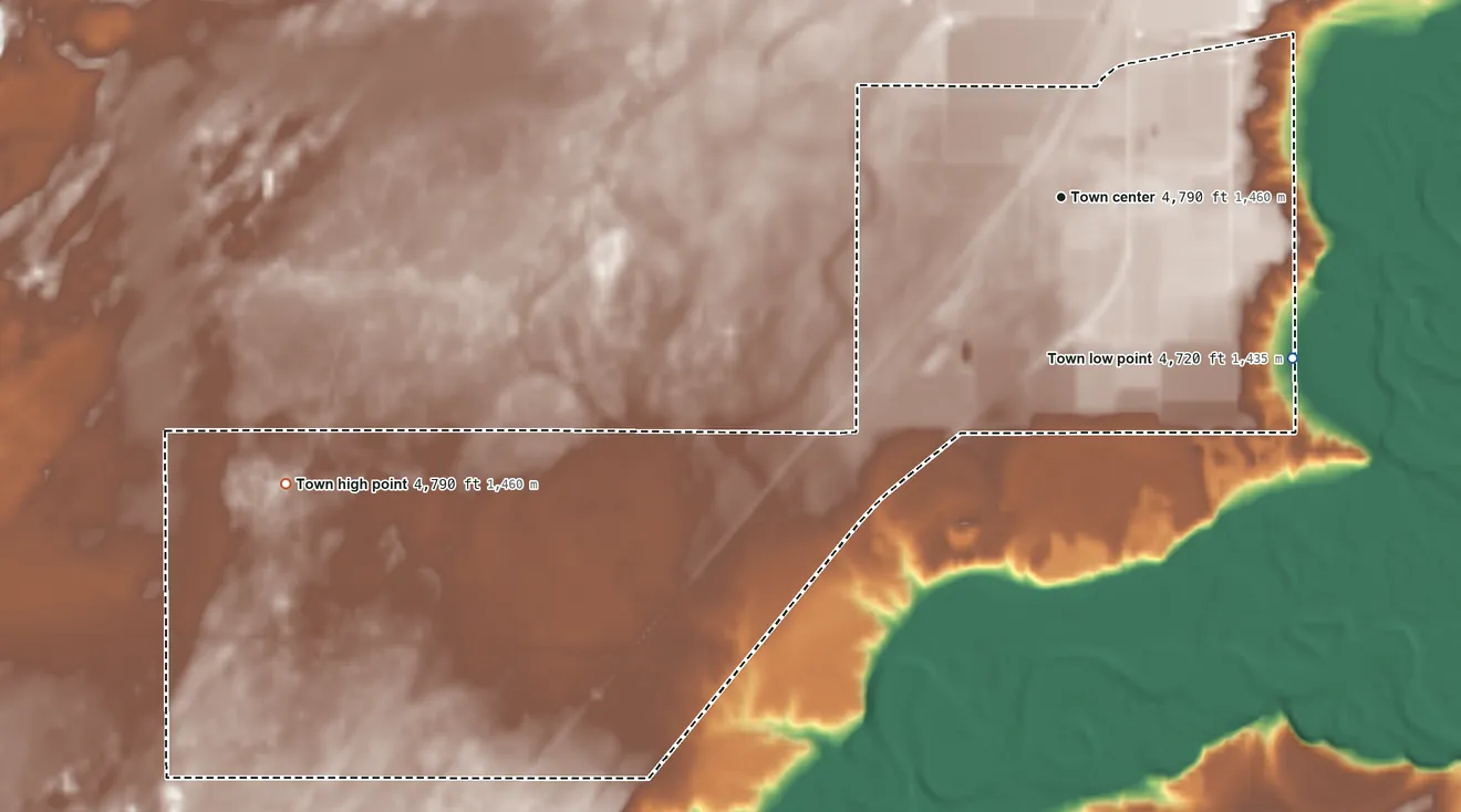 Topographic elevation map of Lynndyl, Utah, shaded from 4,720 ft on the southeast side to 4,790 ft on the west side