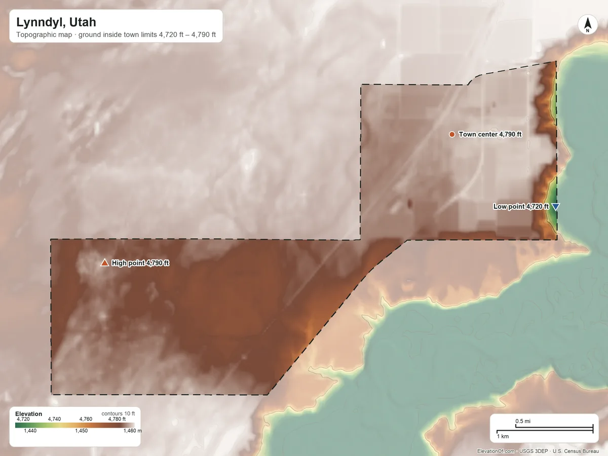 Topographic elevation map of Lynndyl, Utah, shaded from 4,720 ft on the southeast side to 4,790 ft on the west side