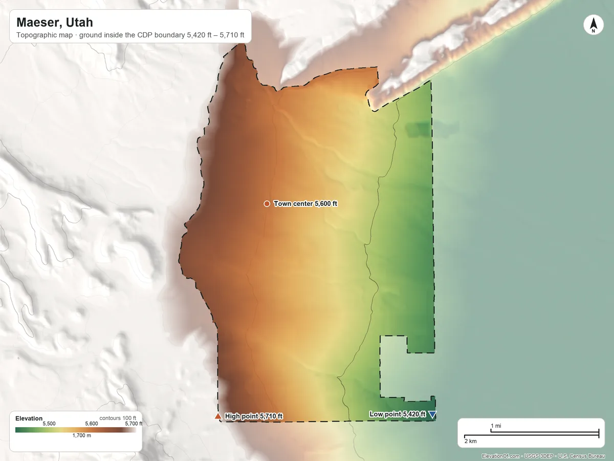 Topographic elevation map of Maeser, Utah, shaded from 5,420 ft on the southeast side to 5,710 ft on the south edge, below higher ground just outside