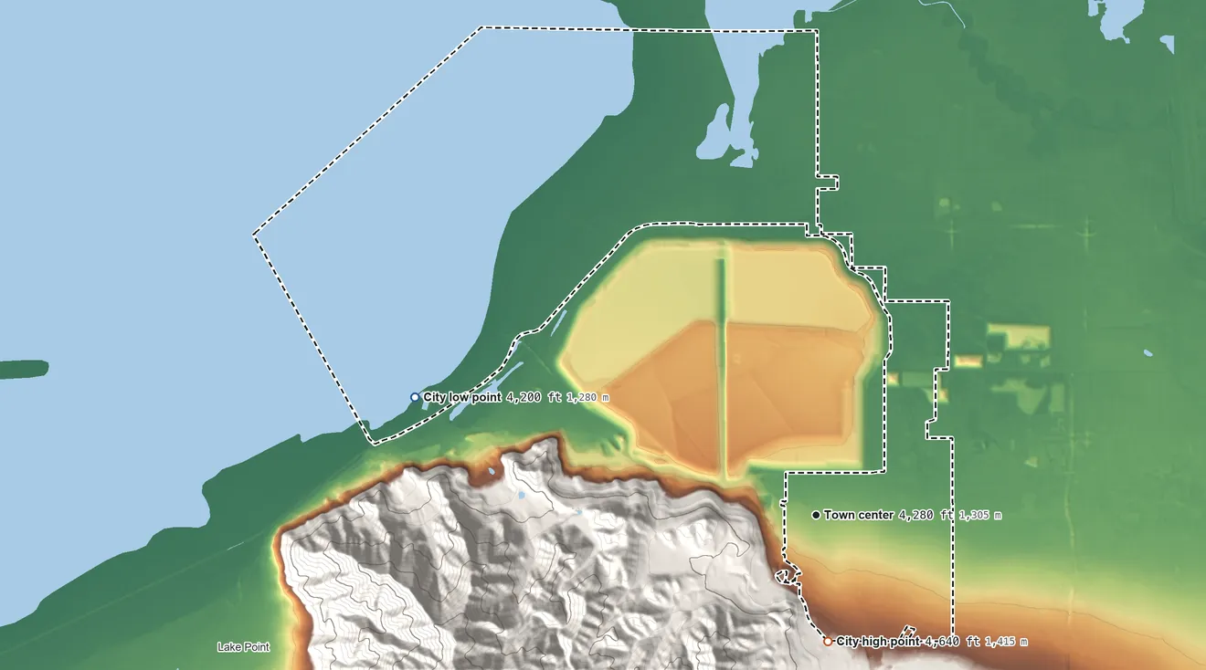 Topographic elevation map of Magna, Utah, shaded from 4,200 ft on the west side to 4,640 ft on the south edge, below higher ground just outside