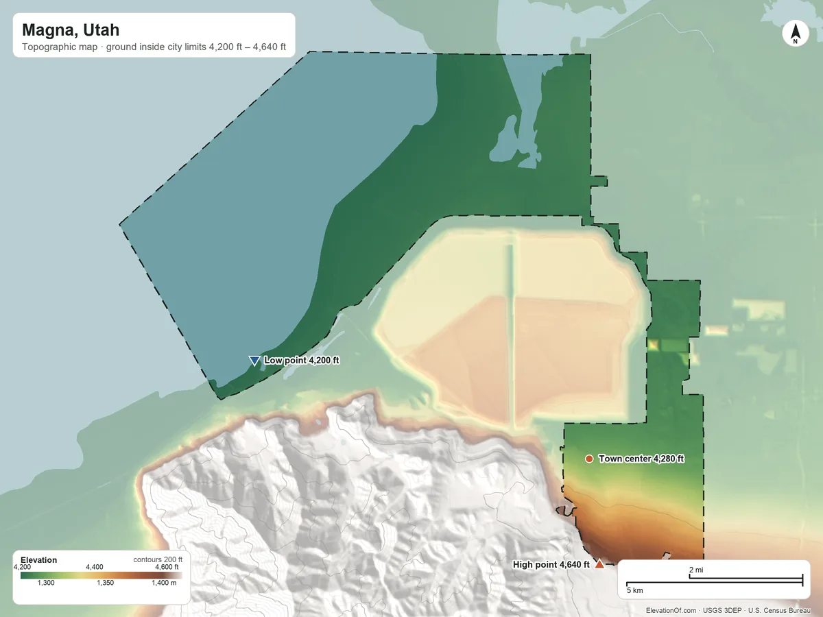 Topographic elevation map of Magna, Utah, shaded from 4,200 ft on the west side to 4,640 ft on the south edge, below higher ground just outside