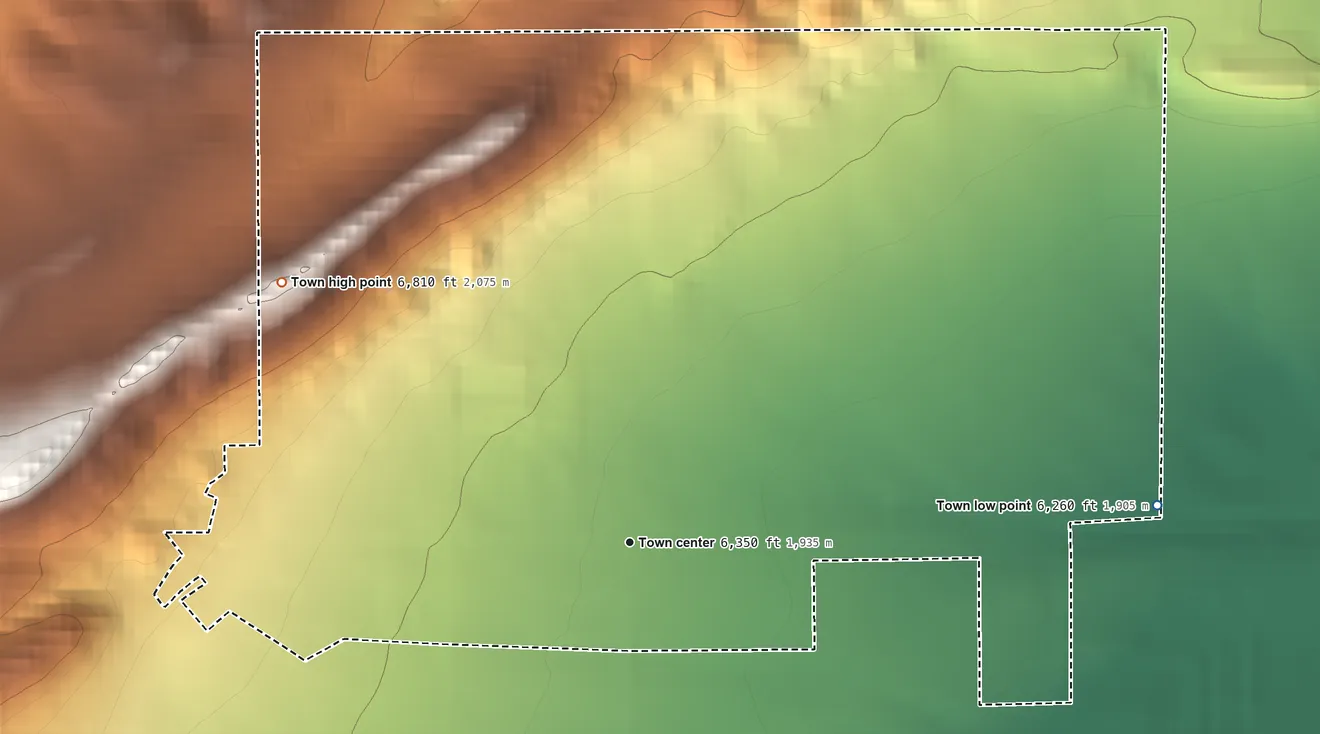 Topographic elevation map of Manila, Utah, shaded from 6,260 ft on the east side to 6,810 ft on the northwest side