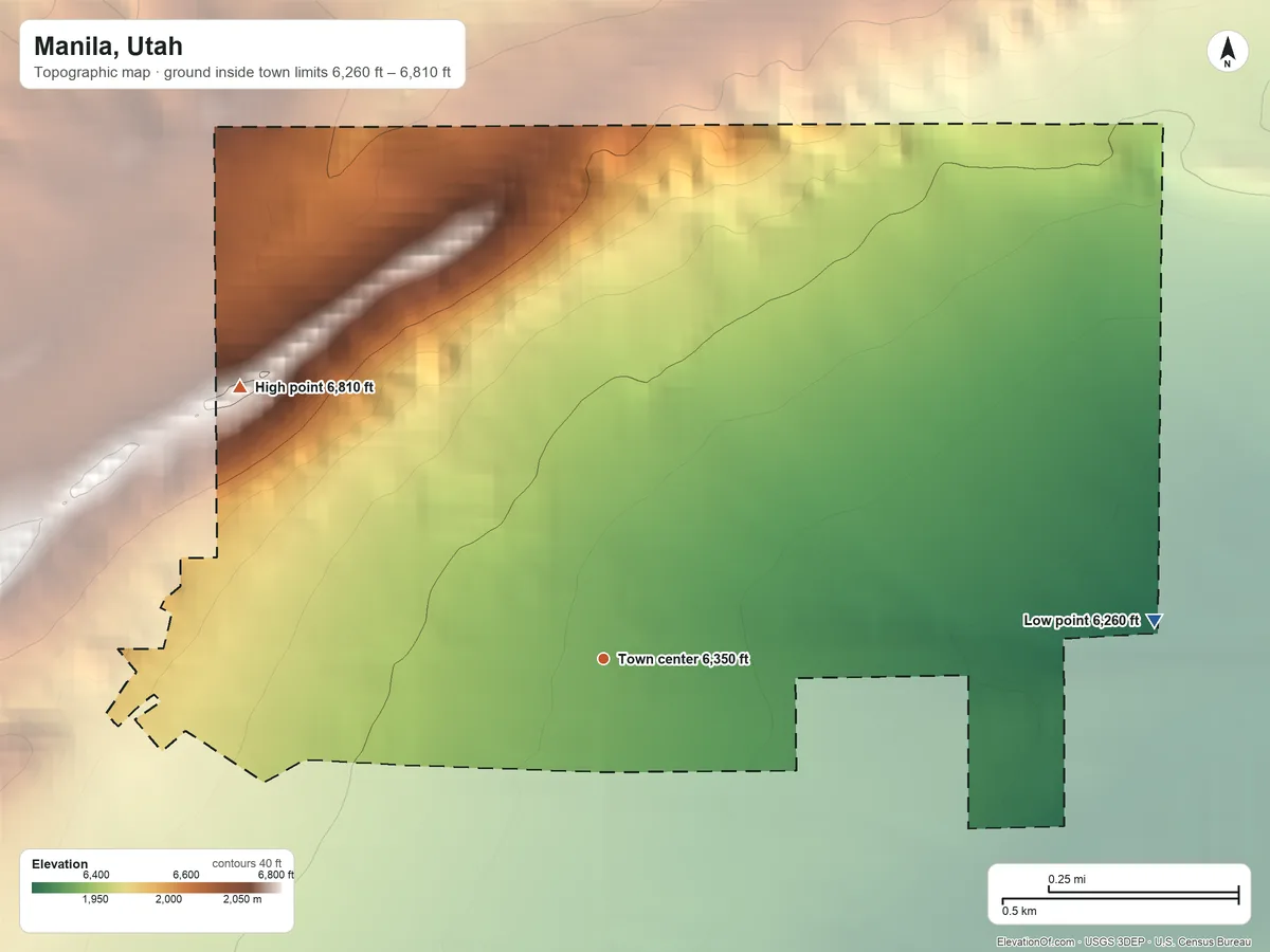 Topographic elevation map of Manila, Utah, shaded from 6,260 ft on the east side to 6,810 ft on the northwest side