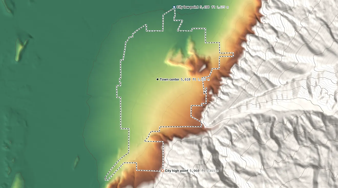 Topographic elevation map of Manti, Utah, shaded from 5,490 ft on the north side to 5,960 ft on the south edge, below higher ground just outside