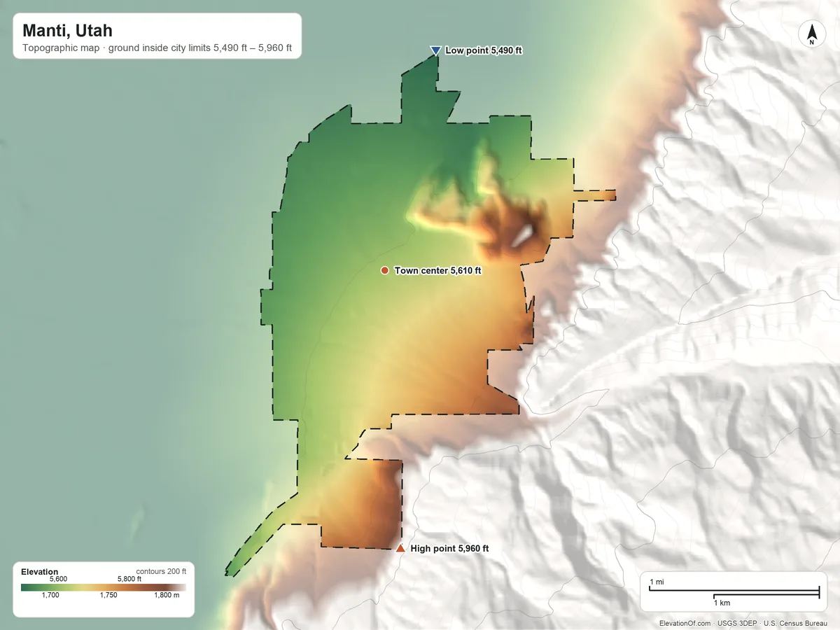 Topographic elevation map of Manti, Utah, shaded from 5,490 ft on the north side to 5,960 ft on the south edge, below higher ground just outside