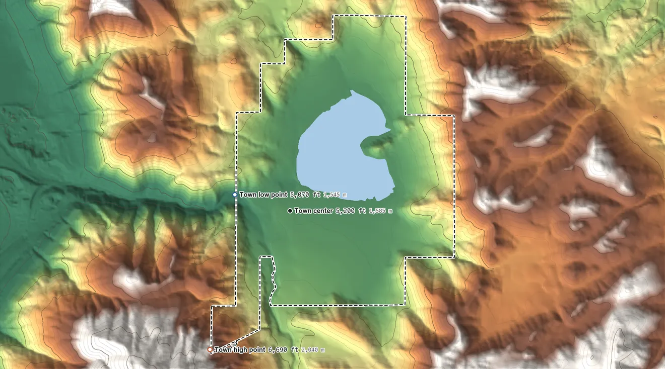 Topographic elevation map of Mantua, Utah, shaded from 5,070 ft on the west side to 6,690 ft at the foot of the Wellsville Mountains