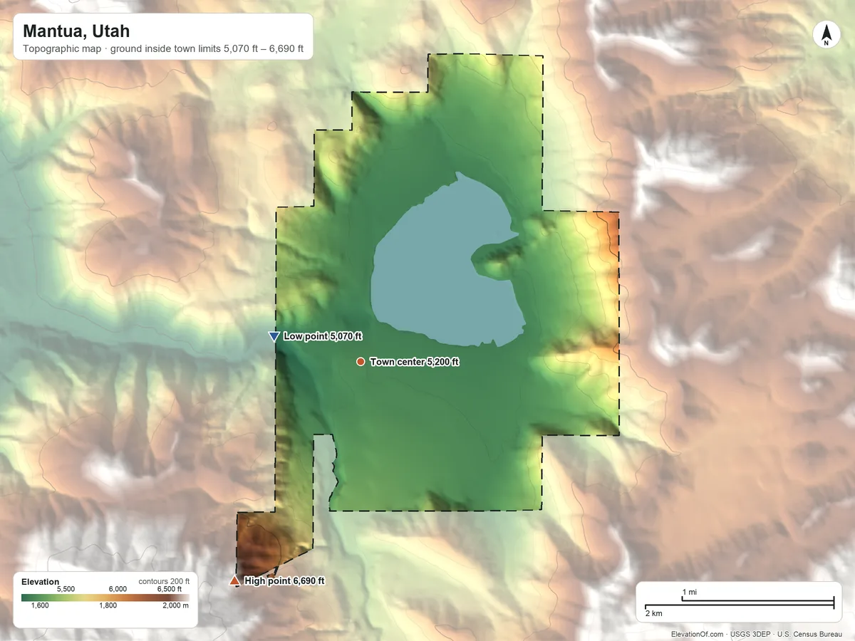 Topographic elevation map of Mantua, Utah, shaded from 5,070 ft on the west side to 6,690 ft at the foot of the Wellsville Mountains
