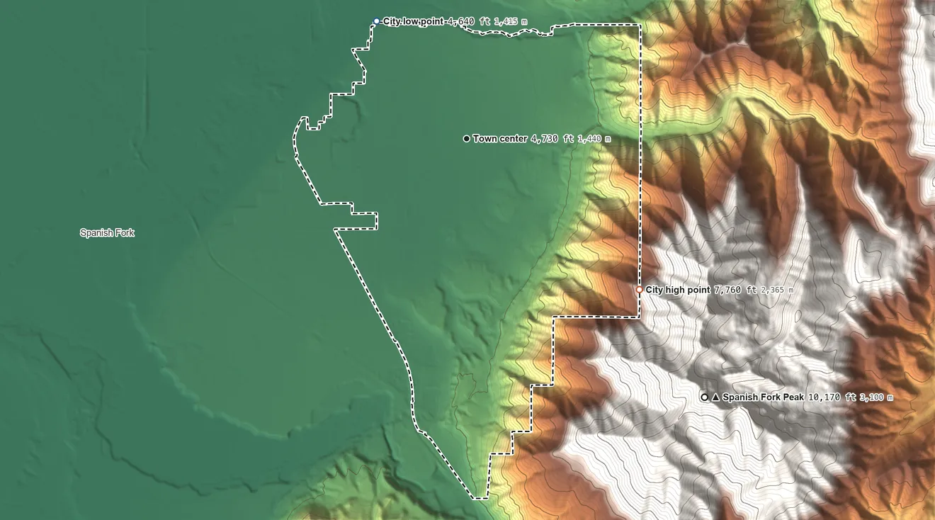 Topographic elevation map of Mapleton, Utah, shaded from 4,640 ft on the northwest side to 7,760 ft on the southeast edge, below higher ground just outside