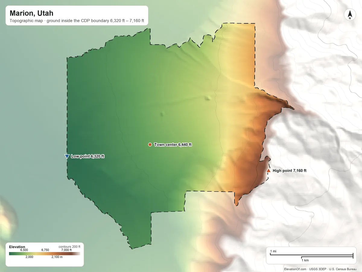 Topographic elevation map of Marion, Utah, shaded from 6,320 ft on the west side to 7,160 ft at the foot of the The West Hills