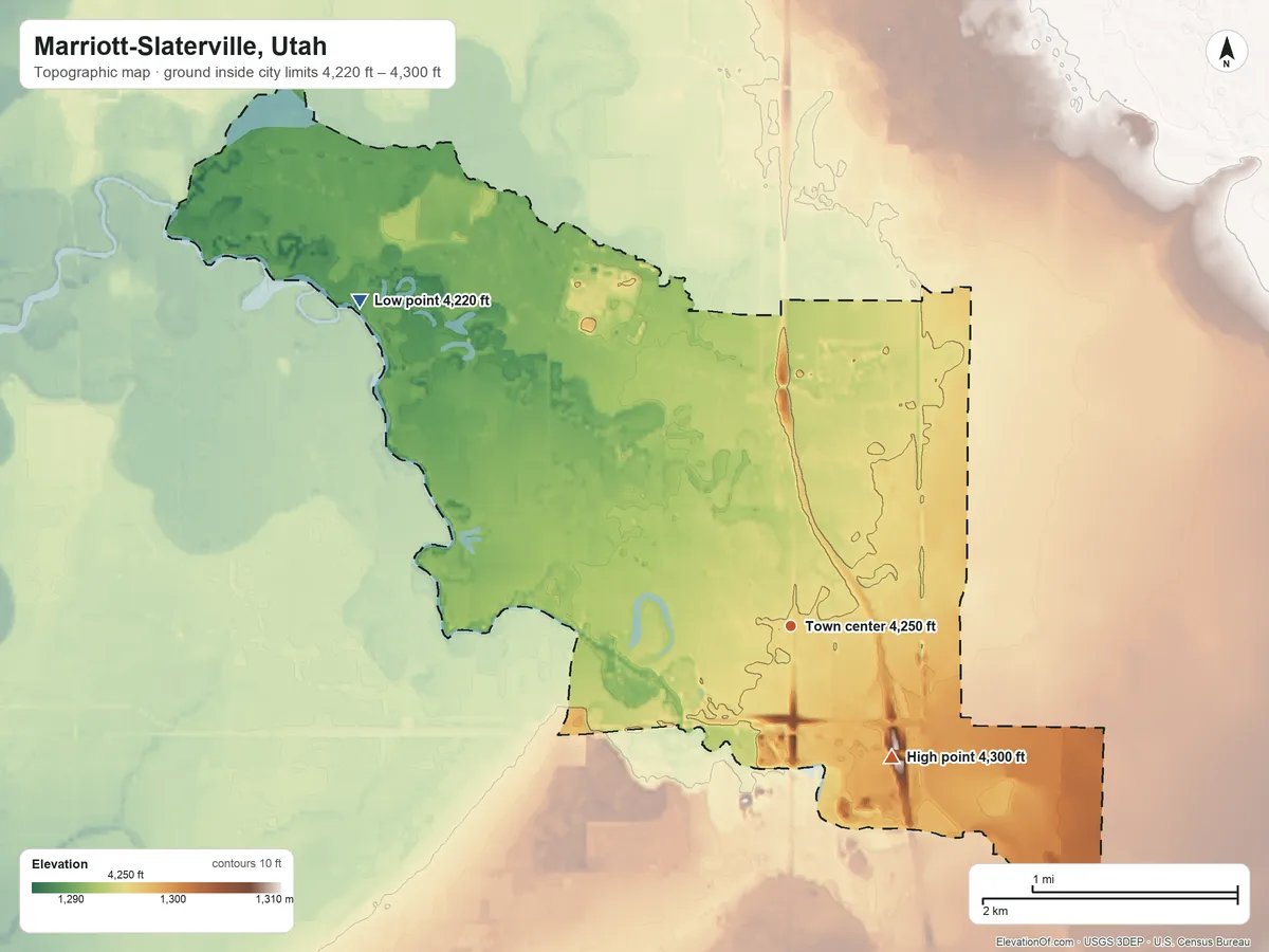 Topographic elevation map of Marriott-Slaterville, Utah, shaded from 4,220 ft on the northwest side to 4,300 ft on the southeast side