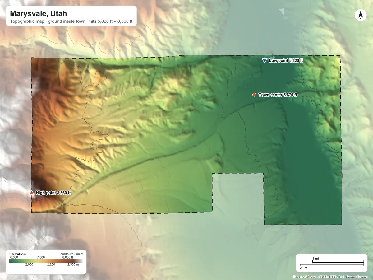 Topographic elevation map of Marysvale, Utah, shaded from 5,820 ft on the north side to 8,560 ft at the foot of the Gray Hills