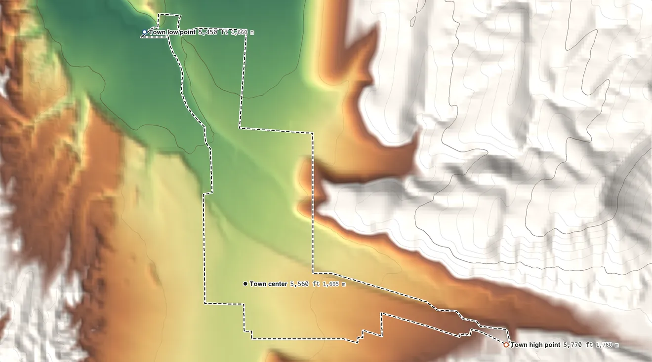 Topographic elevation map of Mayfield, Utah, shaded from 5,450 ft on the north side to 5,770 ft at the foot of the White Hills