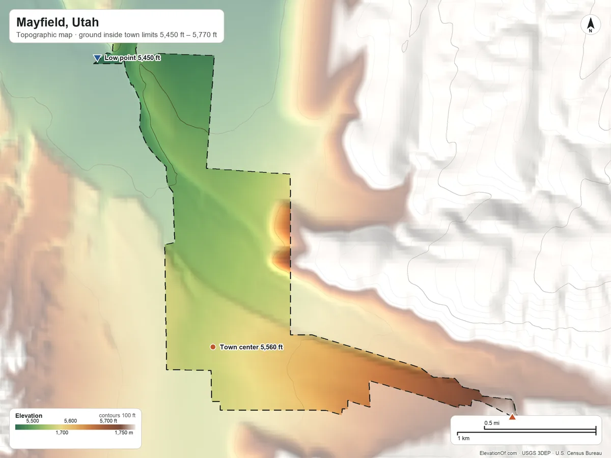 Topographic elevation map of Mayfield, Utah, shaded from 5,450 ft on the north side to 5,770 ft at the foot of the White Hills