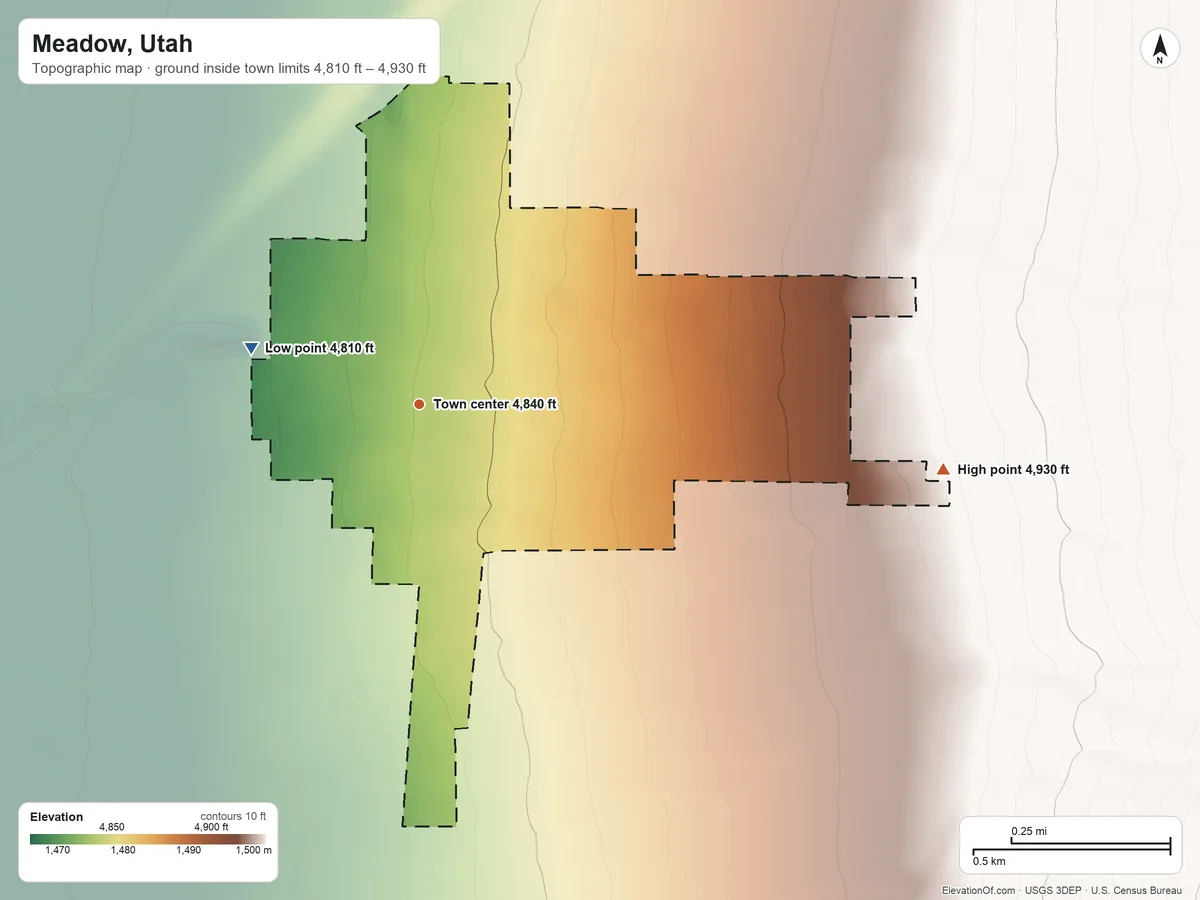 Topographic elevation map of Meadow, Utah, shaded from 4,810 ft on the west side to 4,930 ft at the foot of the Pahvant Range