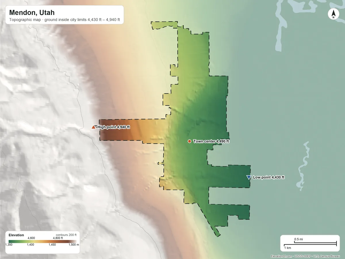Topographic elevation map of Mendon, Utah, shaded from 4,430 ft on the southeast side to 4,940 ft at the foot of the Wellsville Mountains
