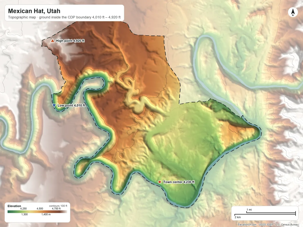 Topographic elevation map of Mexican Hat, Utah, shaded from 4,010 ft on the northwest side to 4,920 ft on the northwest side