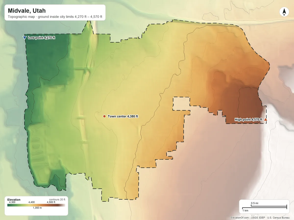 Topographic elevation map of Midvale, Utah, shaded from 4,270 ft on the northwest side to 4,570 ft on the east side